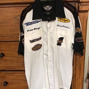 Large short sleeve Harley Davidson shirt white front with patches black back